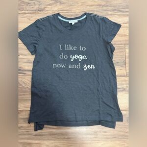 P.J. Salvage Gray woman’s short sleeve Top with yoga pun. Size L
